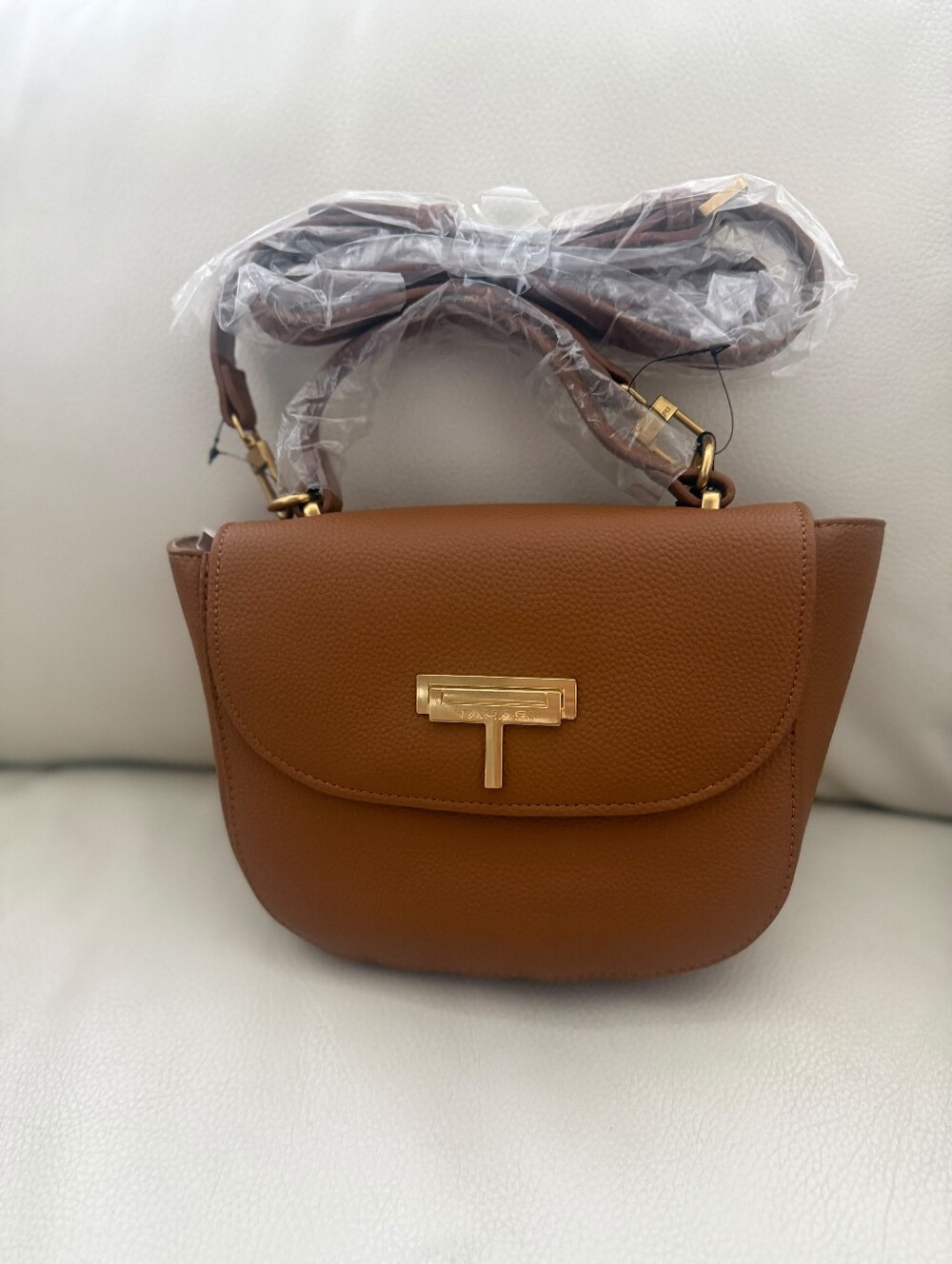 Tahari Brown Leather Crossbody Bag with Gold Hardware